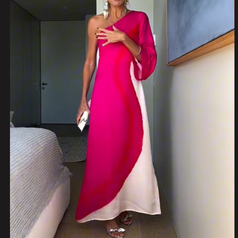 One-Shoulder Fuchsia and White one shoulder maxi dress - Picture 4 of 12